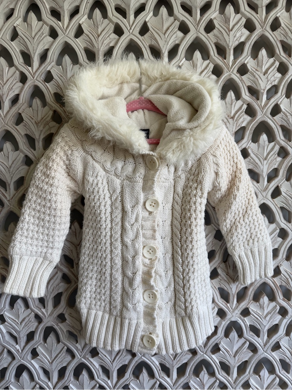 Baby Gap Girls Cream Cable Knit Sweater Coat Faux Fur Hood Size 2 Years